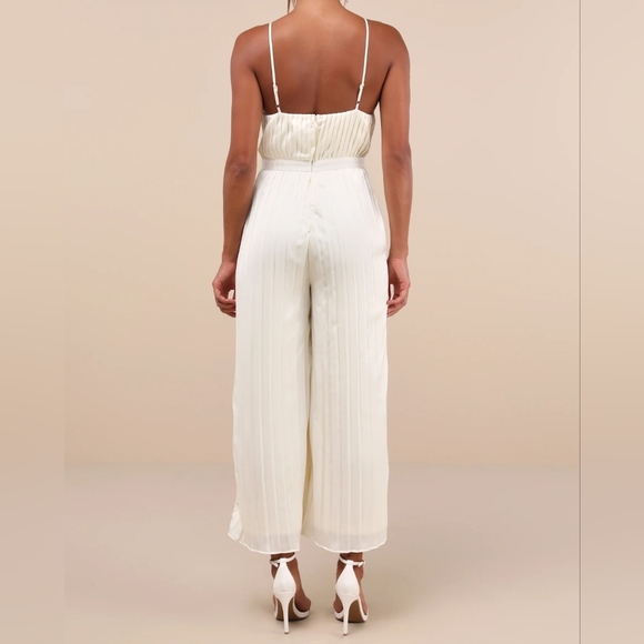 LULUS WOMENS Stellar Poise Ivory Pleated Satin Wide-Leg Jumpsuit - Picture 2 of 6